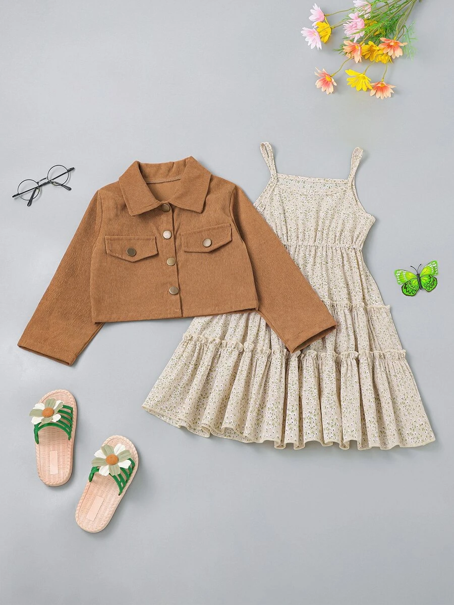 Toddler Girls Button Up Tie Hem Jacket & Ditsy Floral Print Ruffle Hem Cami Dress - Multicolor - View 1