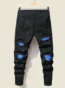 Manfinity LEGND Quần Jeans Skinny Nam Rag Stitching Ripped Frayed Splash Ink, Quần Jeans Cargo Dài Ôm Vừa Màu Đen, Dành Cho Chồng, Quà Tặng Bạn Trai - màu đen - Xem 1