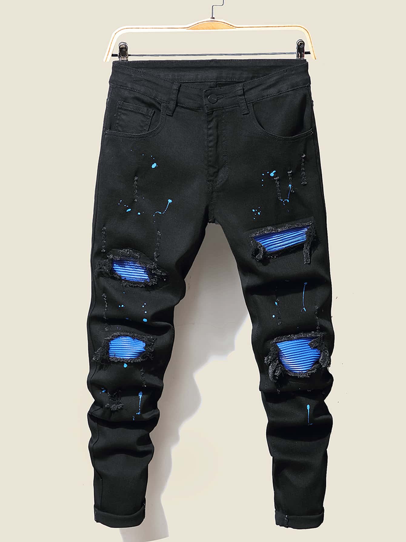 Manfinity LEGND Quần Jeans Skinny Nam Rag Stitching Ripped Frayed Splash Ink, Quần Jeans Cargo Dài Ôm Vừa Màu Đen, Dành Cho Chồng, Quà Tặng Bạn Trai - màu đen - Xem 1
