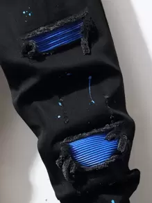 Manfinity LEGND Quần Jeans Skinny Nam Rag Stitching Ripped Frayed Splash Ink, Quần Jeans Cargo Dài Ôm Vừa Màu Đen, Dành Cho Chồng, Quà Tặng Bạn Trai - màu đen - Xem 4