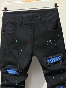 Manfinity LEGND Quần Jeans Skinny Nam Rag Stitching Ripped Frayed Splash Ink, Quần Jeans Cargo Dài Ôm Vừa Màu Đen, Dành Cho Chồng, Quà Tặng Bạn Trai - màu đen - Xem 5