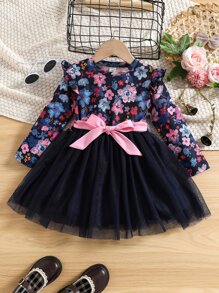 SHEIN 小女童印花網紗覆蓋繫腰帶連衣裙 - 彩色 - 查看 1