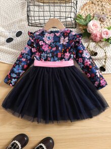 SHEIN 小女童印花網紗覆蓋繫腰帶連衣裙 - 彩色 - 查看 2