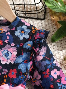 SHEIN 小女童印花網紗覆蓋繫腰帶連衣裙 - 彩色 - 查看 3