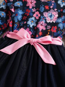 SHEIN 小女童印花網紗覆蓋繫腰帶連衣裙 - 彩色 - 查看 4