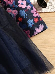 SHEIN 小女童印花網紗覆蓋繫腰帶連衣裙 - 彩色 - 查看 5