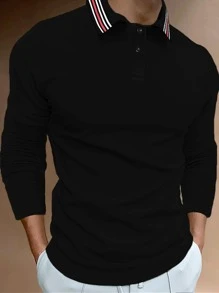 Manfinity Men Contrast Striped Collar Polo Shirt - Black - View 1