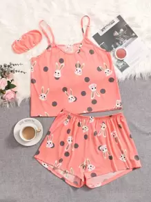 Plus Cartoon Rabbit & Polka Dot Cami & Shorts PJ Set & Eye Mask