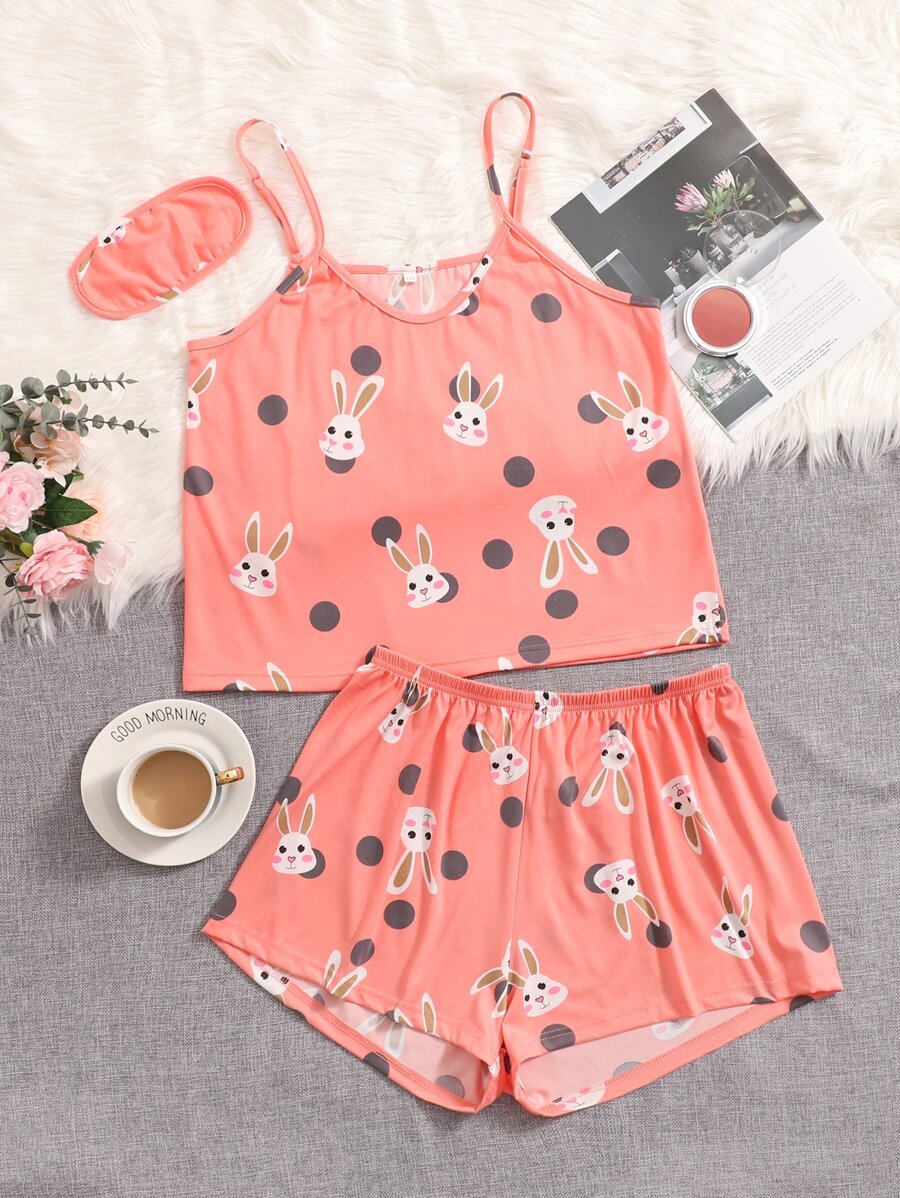 Plus Cartoon Rabbit & Polka Dot Cami & Shorts PJ Set & Eye Mask