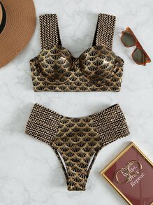 SHEIN Swim Summer Beach Metallic Bikini Set Stitch Detail Push Up Bra Top & Cheeky Bikini Bottom 2 Pieces Bikini - Multicolor - View 3