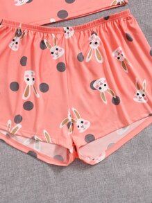 Plus Cartoon Rabbit & Polka Dot Cami & Shorts PJ Set & Eye Mask