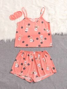 Plus Cartoon Rabbit & Polka Dot Cami & Shorts PJ Set & Eye Mask