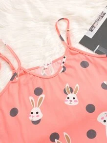 Plus Cartoon Rabbit & Polka Dot Cami & Shorts PJ Set & Eye Mask