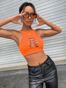 SHEIN ICON Top tank corto con abertura delantera tejido de canalé - Naranja - Ver 5