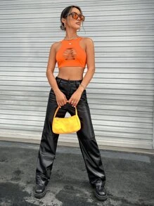 SHEIN ICON Top tank corto con abertura delantera tejido de canalé - Naranja - Ver 4