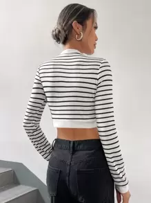 Muchica Striped Mock Neck Crop Tee - Black and White - View 2