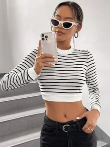 Muchica Striped Mock Neck Crop Tee - Black and White - View 4