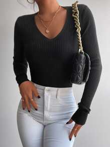 EURMUSE Solid V Neck Sweater - Black - View 1