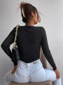 EURMUSE Solid V Neck Sweater - Black - View 2