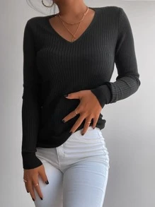 EURMUSE Solid V Neck Sweater - Black - View 3