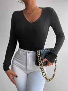 EURMUSE Solid V Neck Sweater - Black - View 4