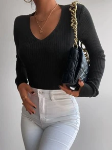 EURMUSE Solid V Neck Sweater - Black - View 6