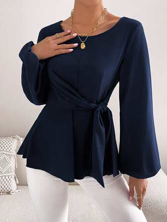 SHEIN Privé Lantern Sleeve Tie Front Peplum Blouse