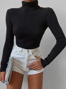 RueChic Turtle Neck Ribbed Knit Sweater - màu đen - Xem 3