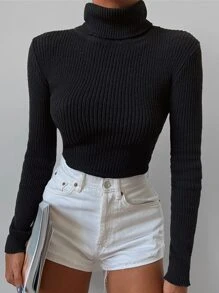 RueChic Turtle Neck Ribbed Knit Sweater - màu đen - Xem 4