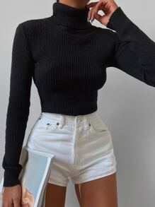 RueChic Turtle Neck Ribbed Knit Sweater - màu đen - Xem 6