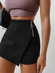 Zip Side Wrap Skort - Black - View 1