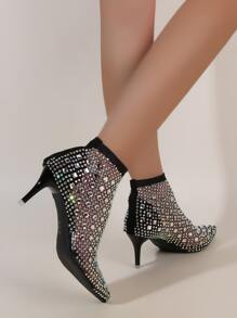 Women's Fashionable & Comfortable Pointed Toe Black Mesh Stiletto Heeled Sandal Boots With Rhinestone Embellishment - Black - View 2