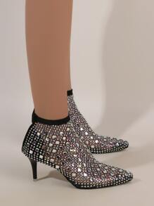 Women's Fashionable & Comfortable Pointed Toe Black Mesh Stiletto Heeled Sandal Boots With Rhinestone Embellishment - Black - View 4