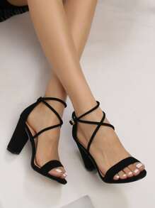 Suedette Chunky Heeled Ankle Strap Sandals - Black - View 1