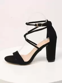 Suedette Chunky Heeled Ankle Strap Sandals - Black - View 2