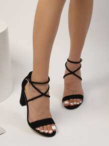 Suedette Chunky Heeled Ankle Strap Sandals - Black - View 3