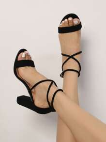 Suedette Chunky Heeled Ankle Strap Sandals - Black - View 4