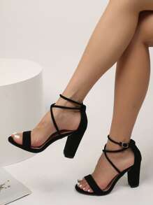 Suedette Chunky Heeled Ankle Strap Sandals - Black - View 6