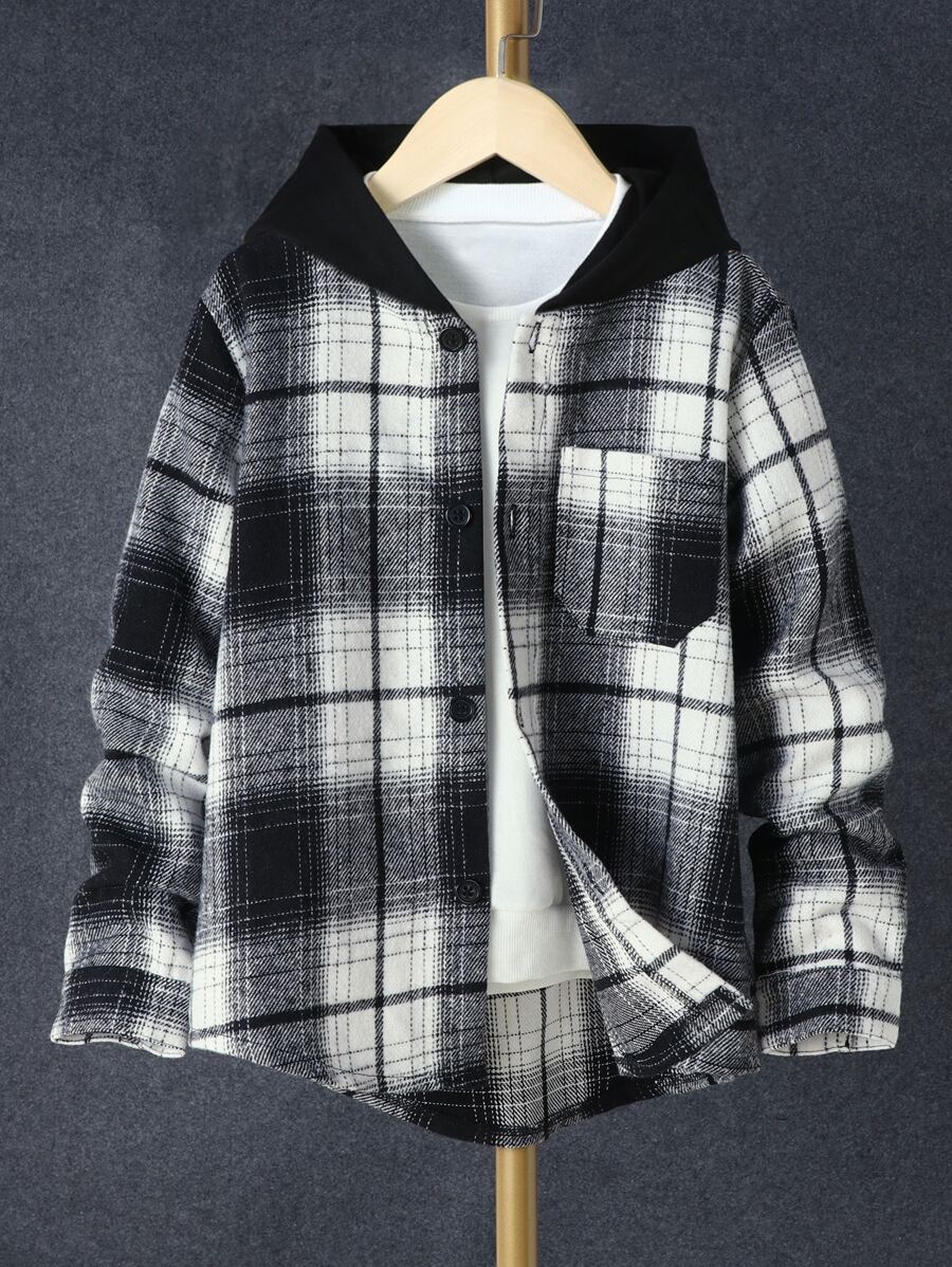 SHEIN Tween Boy Plaid Patched Pocket Hooded Shirt Without Tee - Black and White - View 1