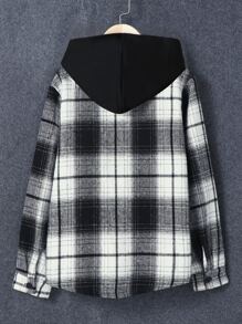 SHEIN Tween Boy Plaid Patched Pocket Hooded Shirt Without Tee - Black and White - View 2