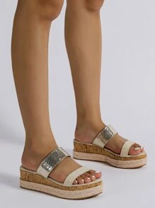 Metallic Snakeskin Embossed Espadrille Flatform Slide Sandals - Multicolor - View 2