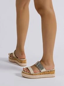 Metallic Snakeskin Embossed Espadrille Flatform Slide Sandals - Multicolor - View 3