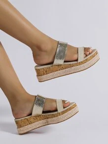 Metallic Snakeskin Embossed Espadrille Flatform Slide Sandals - Multicolor - View 4