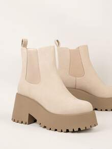 Round Toe Lug Sole Chunky Heel Chelsea Boots - Beige - View 2