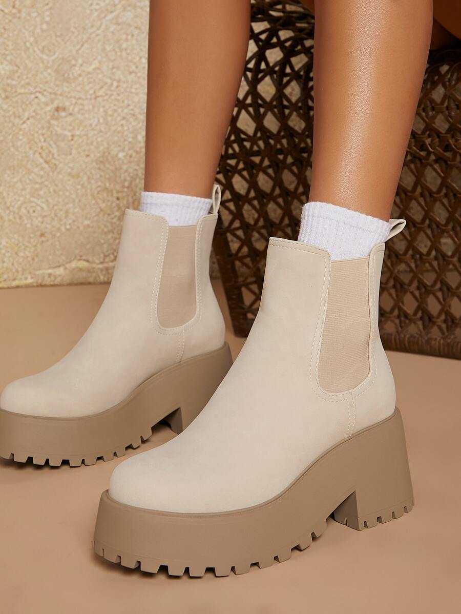 Round Toe Lug Sole Chunky Heel Chelsea Boots - Beige - View 1