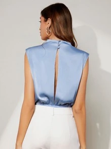 BizChic Split Back Fold Pleated Satin Bodysuit Workwear - Baby Blue - View 3