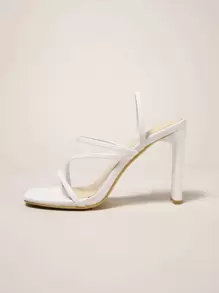 Thin Strap Chunky Heeled Slingback Sandals, Back Strap White Elegant Solid Color Women's High Heel Sandals - White - View 2