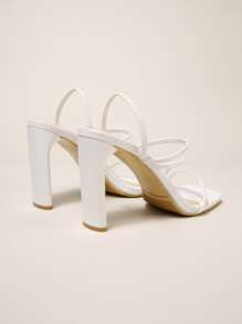 Thin Strap Chunky Heeled Slingback Sandals, Back Strap White Elegant Solid Color Women's High Heel Sandals - White - View 3