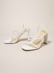 Thin Strap Chunky Heeled Slingback Sandals, Back Strap White Elegant Solid Color Women's High Heel Sandals - White - View 4