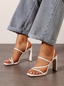 Thin Strap Chunky Heeled Slingback Sandals, Back Strap White Elegant Solid Color Women's High Heel Sandals - White - View 5